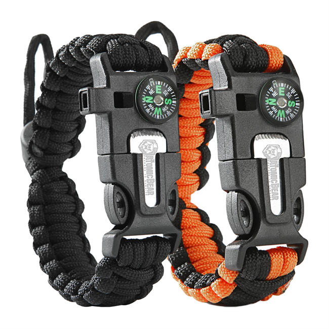 Paracord Bracelet (2 Pack) - Adjustable - Fire Starter - Loud Whistle - Perfect for Hiking, Camping, Fishing and Hunting - Black & Black+Orange